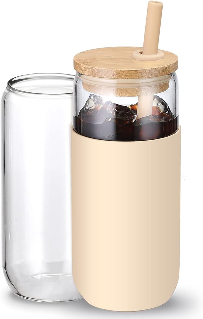 20oz Glass Water Tumbler with Silicone Protective Sleeve - Beer Can Shaped Cups with Straw and Ba... | Amazon (US)
