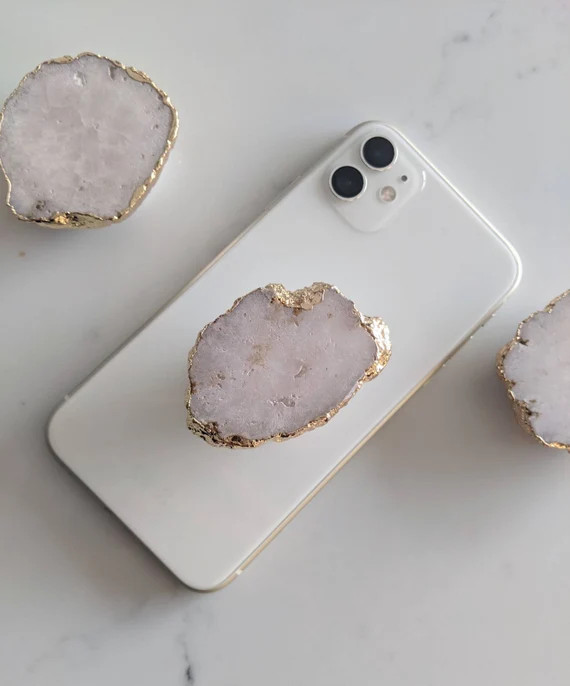 White Druzy Quartz Crystal Phone Grip with Gold Edging | Etsy | Etsy (US)