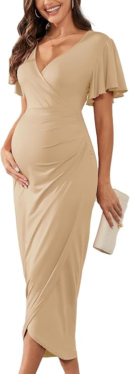 AISWI 2024 Women's Maternity Wrap Dress V Neck Ruffle Sleeves Semi Formal Baby Shower Photoshoot ... | Amazon (US)