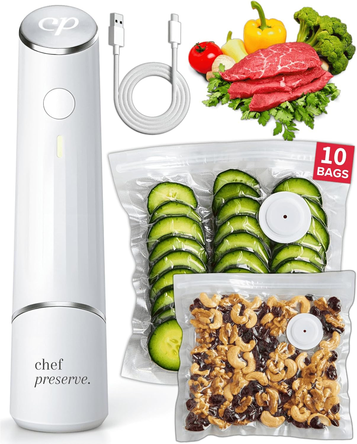 Chef Preserve Compact Vacuum Sealer for Food (Vacuum Sealer Machine + 10 Reusable Vacuum Bags) Powerful Handheld Vacuum Sealer Machine, Seal Meal Saver, Portable Food Sealer | Amazon (US)