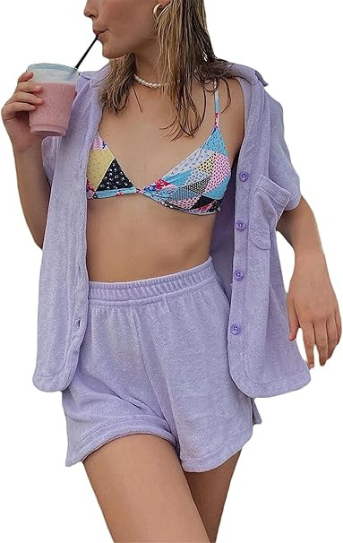 Women Button Shirts 2 pcs Sets Button Up Plaid Long Shirts+High Waist Short Pants Sets Y2K Casual... | Amazon (US)