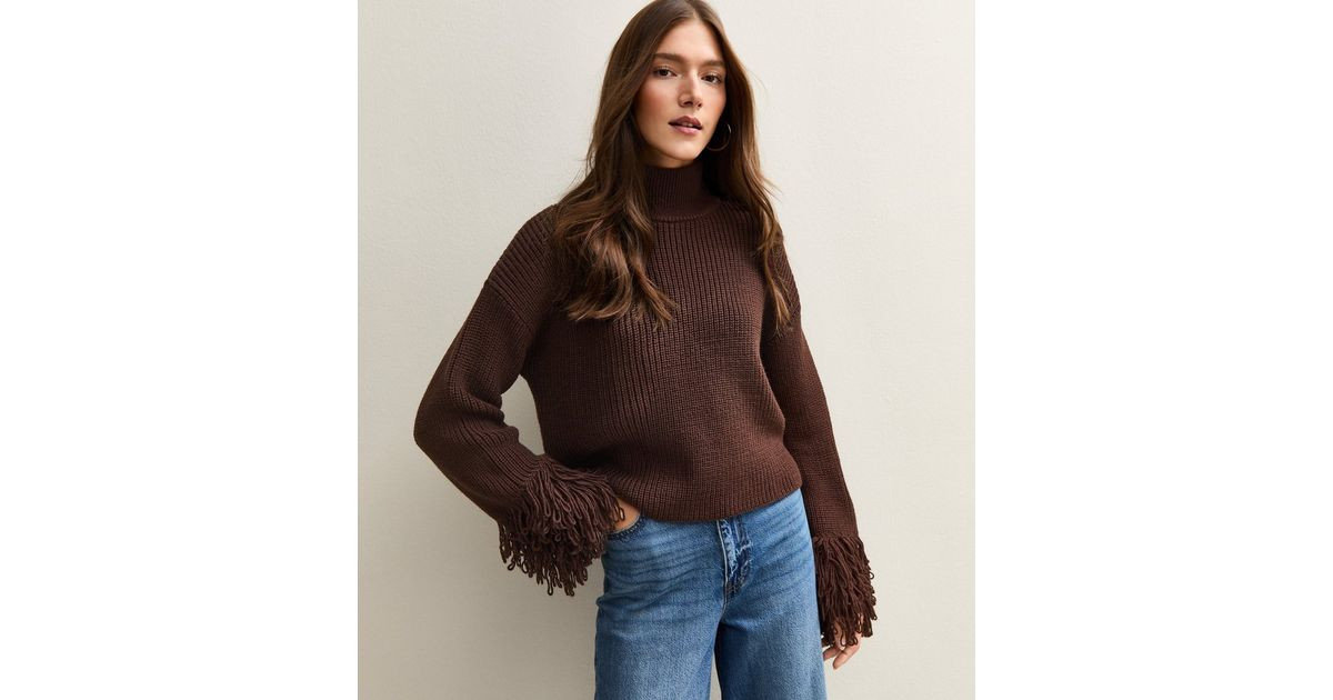 Dark Brown Looped Fringe Cuff Jumper | New Look | New Look (UK)