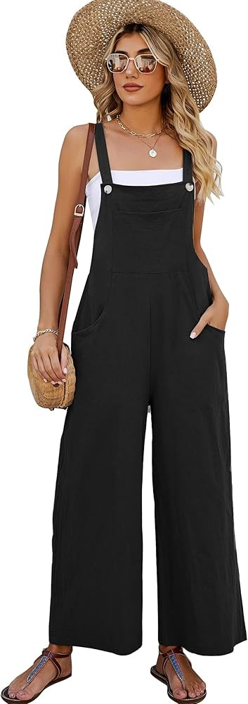 Flygo Womens Cotton Bib Overalls Loose Fit Wide Leg Jumpsuits Casual Rompers with Pockets | Amazon (US)
