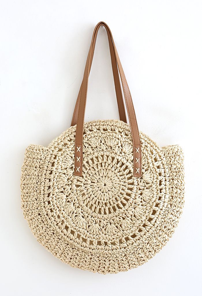 Round Woven Straw Shoulder Bag in Camel | Chicwish