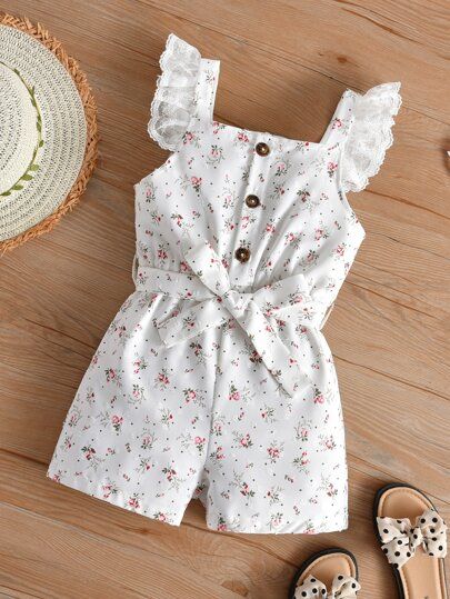 Toddler Girls Floral Print Contrast Lace Belted Romper | SHEIN