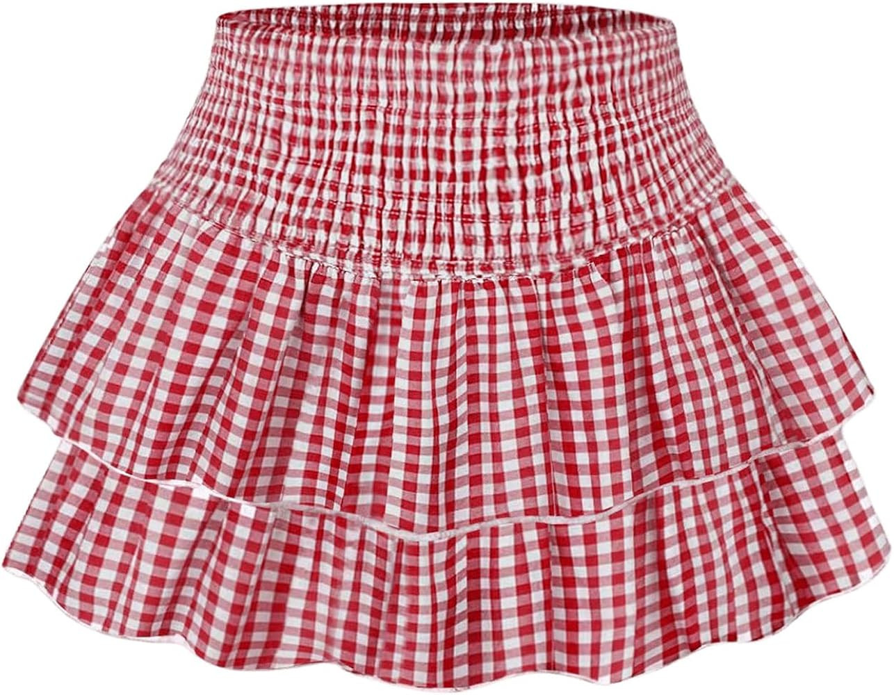 Milumia Women's Plaid Print High Waist Layered Skirt Ruffle Hem A Line Skirt | Amazon (US)