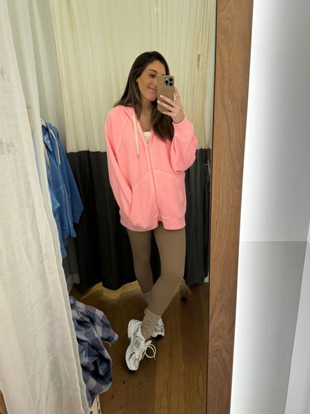 love this soft textured zip hoodie in this fun pink. wearing size medium / 36 weeks preggo.