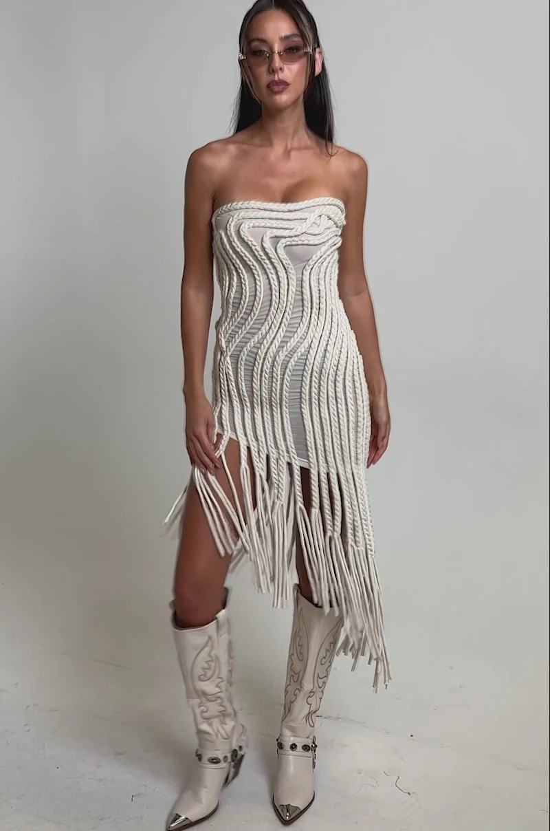 ALL OVER THE PLACE BRAIDED MIDI DRESS IN IVORY | AKIRA