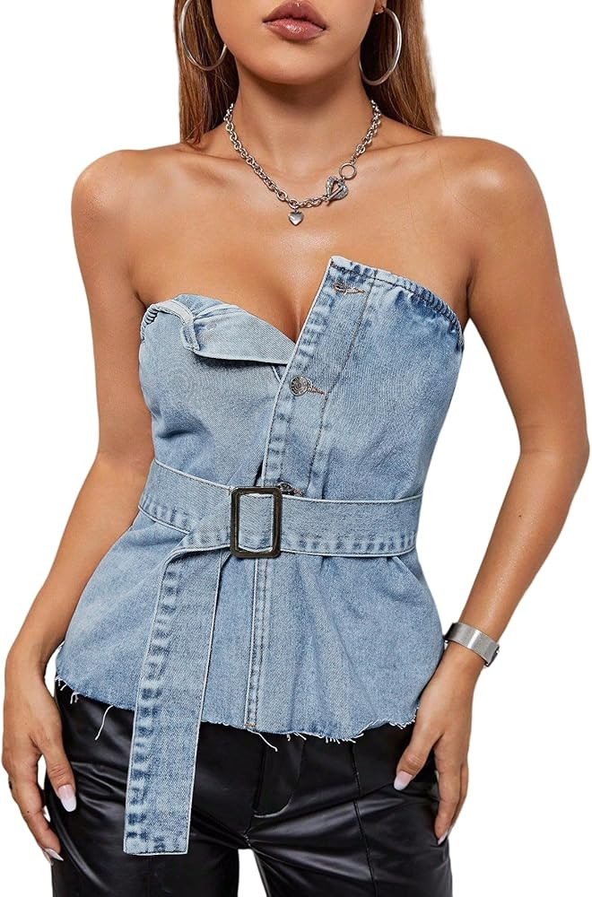 Qrupoad Womens Strapless Denim Jean Tube Tops Button Down Y2k Going Out Crop Top Sleeveless Bande... | Amazon (US)