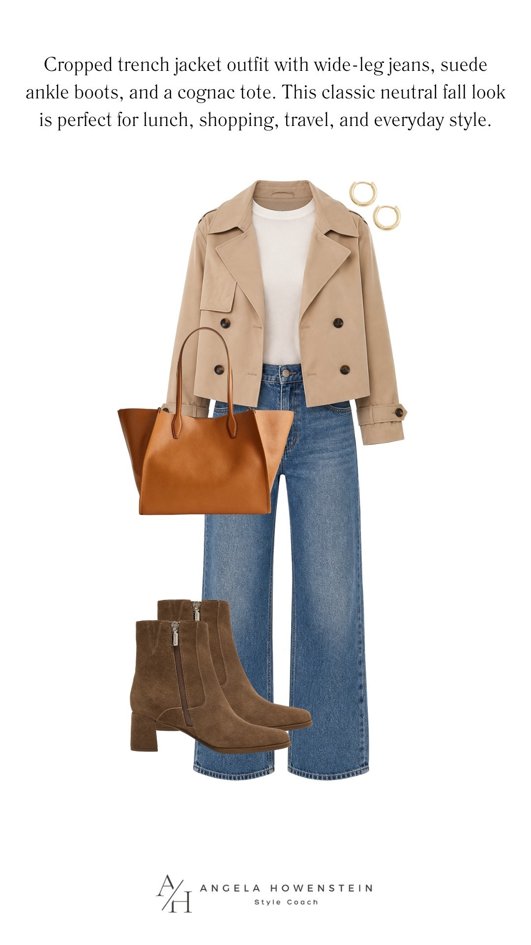 This is the perfect fall outfit formula: a cropped tan trench, classic wide-leg denim, and rich brown suede boots. Add the cognac tote and you have an easy, polished look for lunch, shopping, travel, or a casual day out.

👩‍💻 LTK PRO TIPS
❤️ Heart = Support my posts ;-)
🔖 Save = Get sale & restock alerts for the things you love!
📋 Lists = Keep favorites organized (List ideas: Christmas, Birthdays, and Vacations!)
📲 Share = Send lists and products to a friend (or your daughters like me).
💬 Comment = Ask me anything, and I’ll answer. ;-)

#LTKootd #LTKSeasonal #LTKOver40