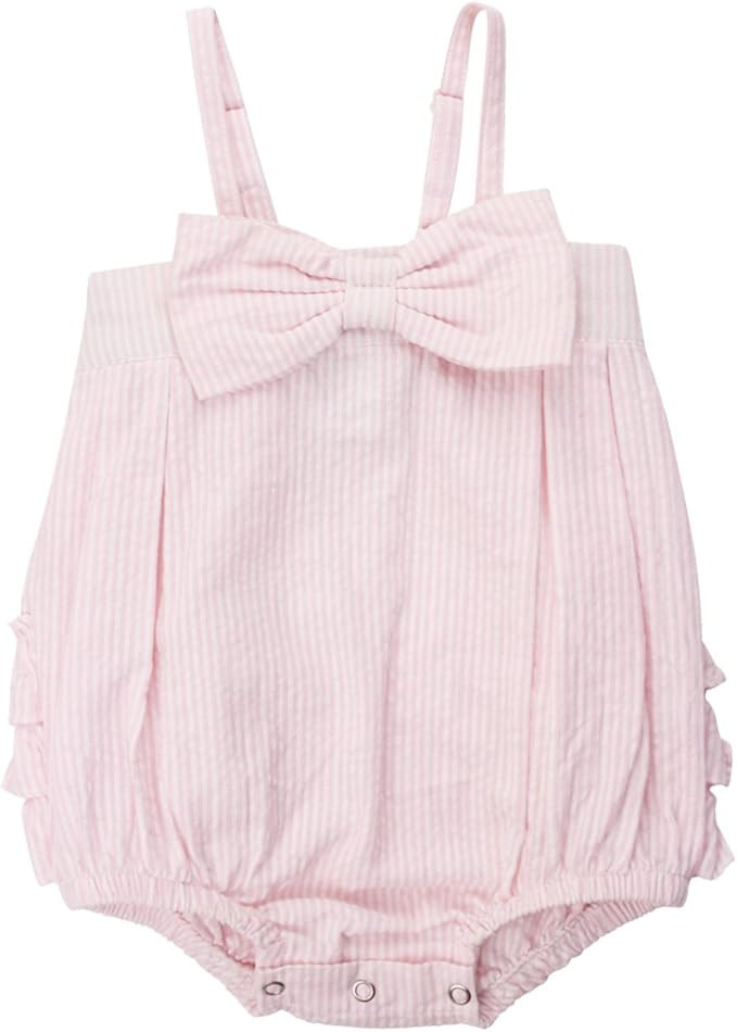 RuffleButts® Baby/Toddler Girls Light Wash Denim Bow-Front Bubble Romper | Amazon (US)