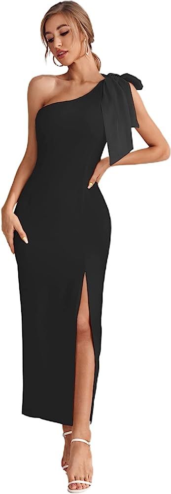 MakeMeChic Women's Elegant Bow One Shoulder High Slit Cocktail Party Maxi Dress | Amazon (US)