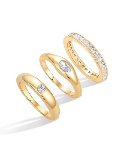 PAVOI 14K Yellow Gold Plated Stackable Rings for Women | Dainty Stackable Gold Ring Set of Three with Cubic Zirconia Multi-Bands | Trendy Fashion Jewelry - Yellow, Size 7 | Amazon (US)