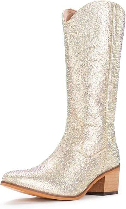 IUV Women Rhinestone Cowboy Boots Sparkly Western Cowgirl Boots Embroidered Knee High Chunky Heel... | Amazon (US)