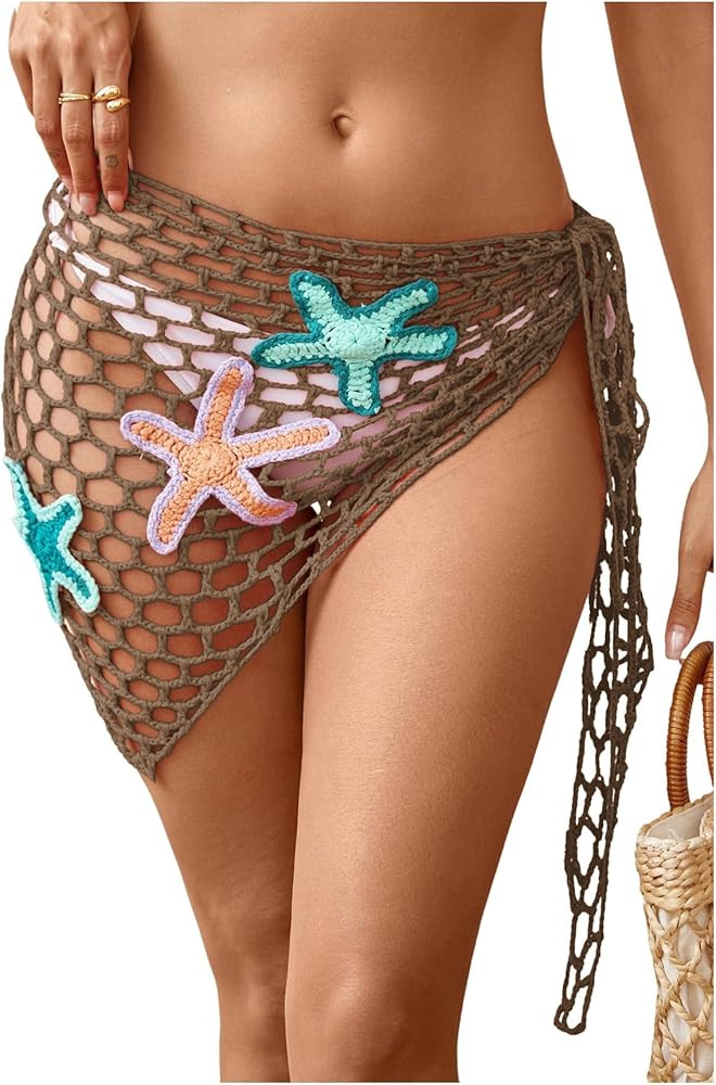 Verdusa Women's Starfish Hollow Out Crochet Beach Cover Up Skirt Asymmetrical Sheer Wrap Skirt | Amazon (US)