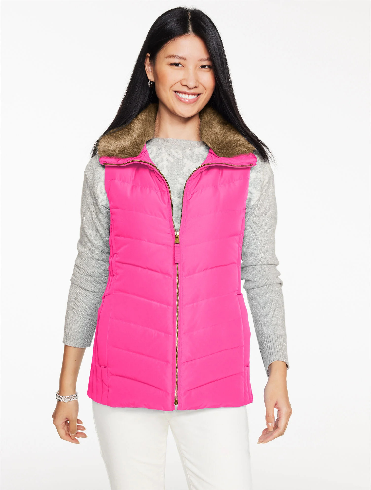 Faux Fur Collar Down Puffer Vest | Talbots