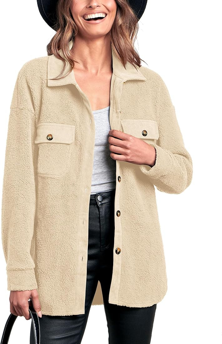 BTFBM Women's 2023 Fall Winter Button Down Shirts Sherpa Jacket Warm Long Sleeve Outerwear Faux F... | Amazon (US)