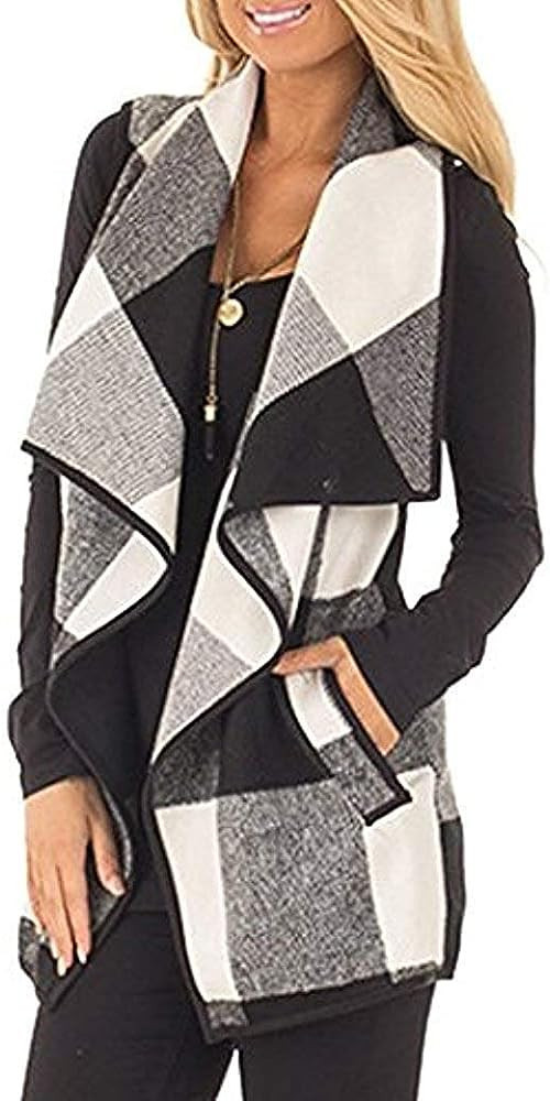 Unidear Womens buffalo Plaid Vest Casual Lapel Open Front Sleeveless Cardigan Jacket Coat with Po... | Amazon (US)