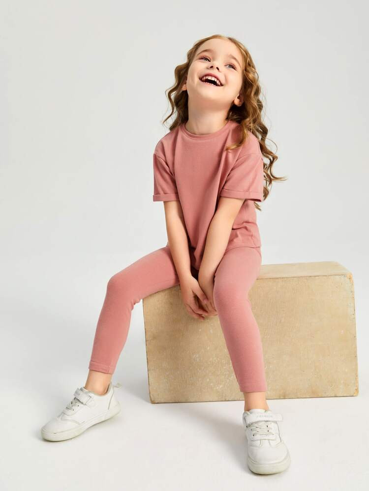 SHEIN BASICS Toddler Girls Solid Roll Up Sleeve Tee & Leggings Set | SHEIN