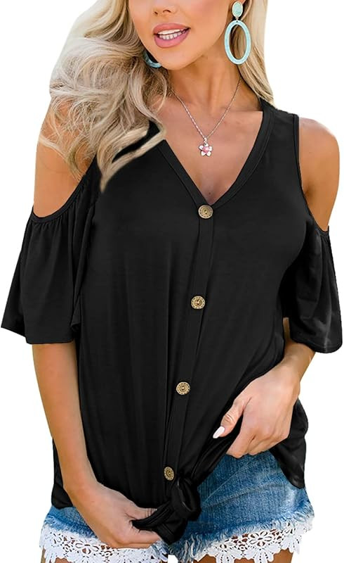 Spadehill Women Cold Shoulder Button Down Knot Front Short Sleeve Tops | Amazon (US)