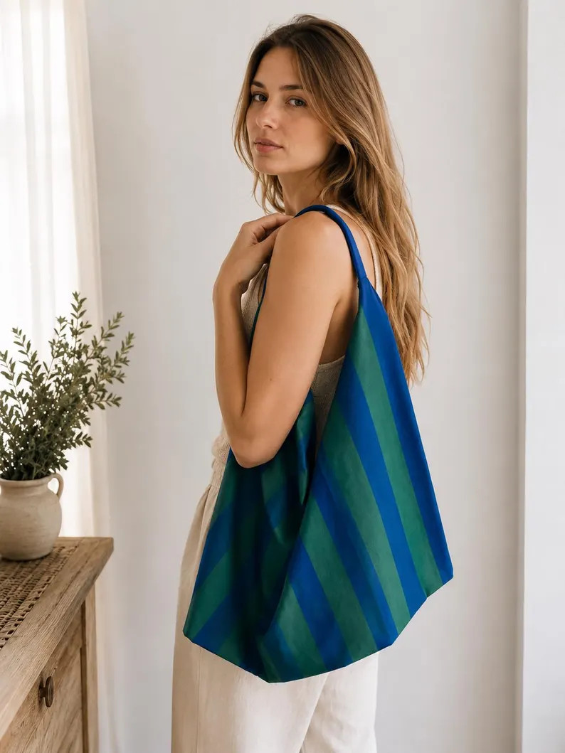 Oversized Cotton Tote Bag \u2013 Green Blue Stripes - Handmade Beach Shoulder Shopper | Etsy (Global)