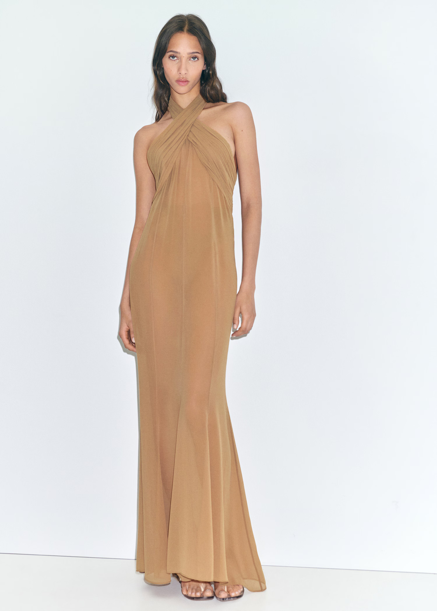 Long semi-transparent dress with crossed neckline | MANGO (UK)