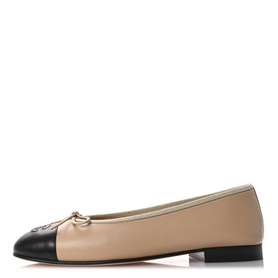 Lambskin Cap Toe CC Ballerina Flats 38.5 Beige Black | FASHIONPHILE (US)