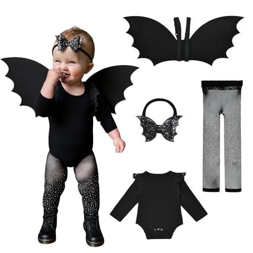 Halloween Toddler Bat Costume for Baby Girl Boy with Black Bat Wing Ruffle Long Sleeve Romper Bodysuit Goth Bow Headband | Amazon (US)