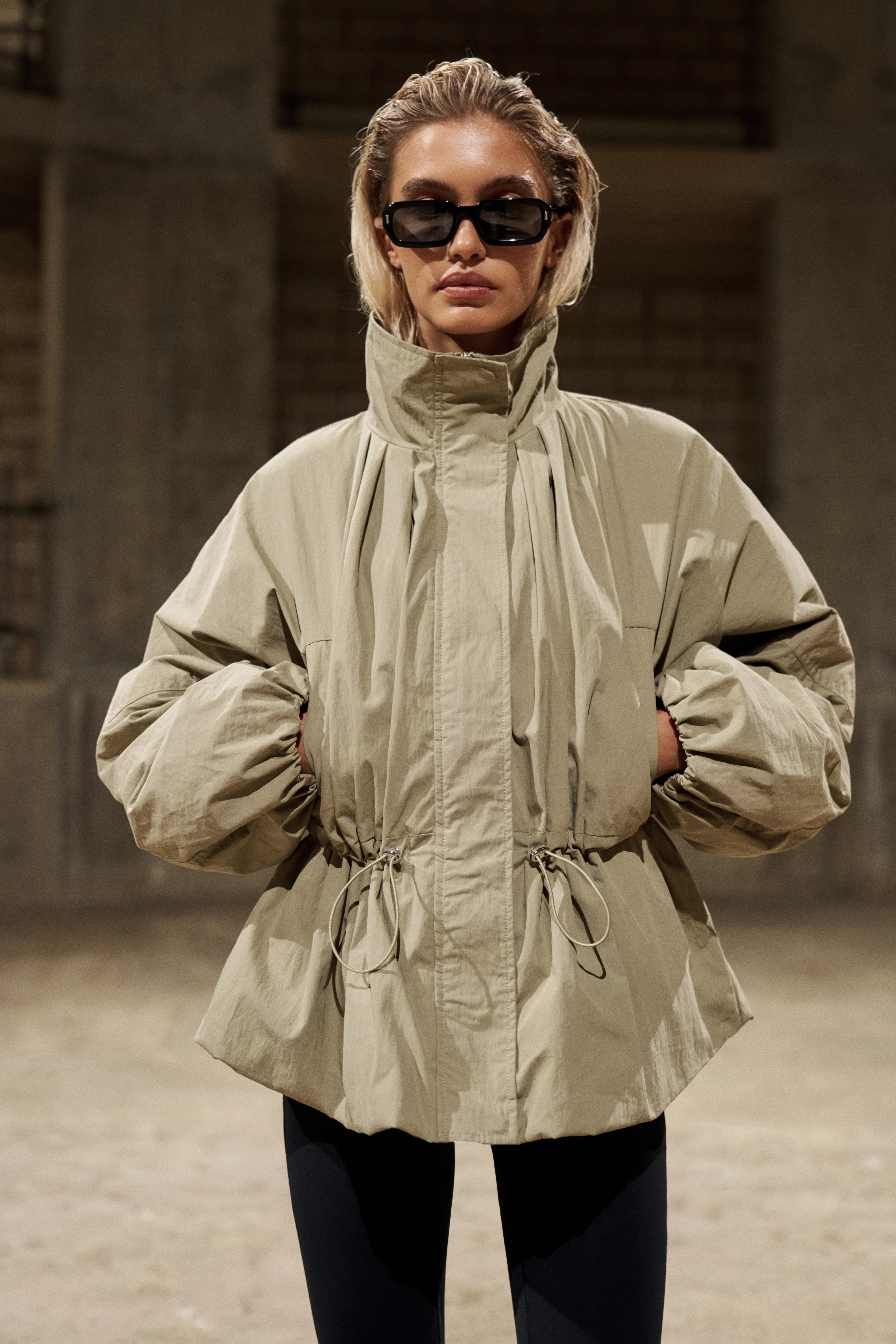 CINCHED WAIST FUNNEL NECK PADDED JACKET - KHAKI | The Couture Club