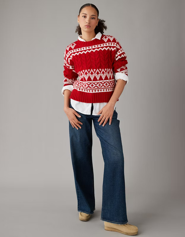 AE Fair Isle Cable-Knit Crewneck Sweater | American Eagle Outfitters (US & CA)