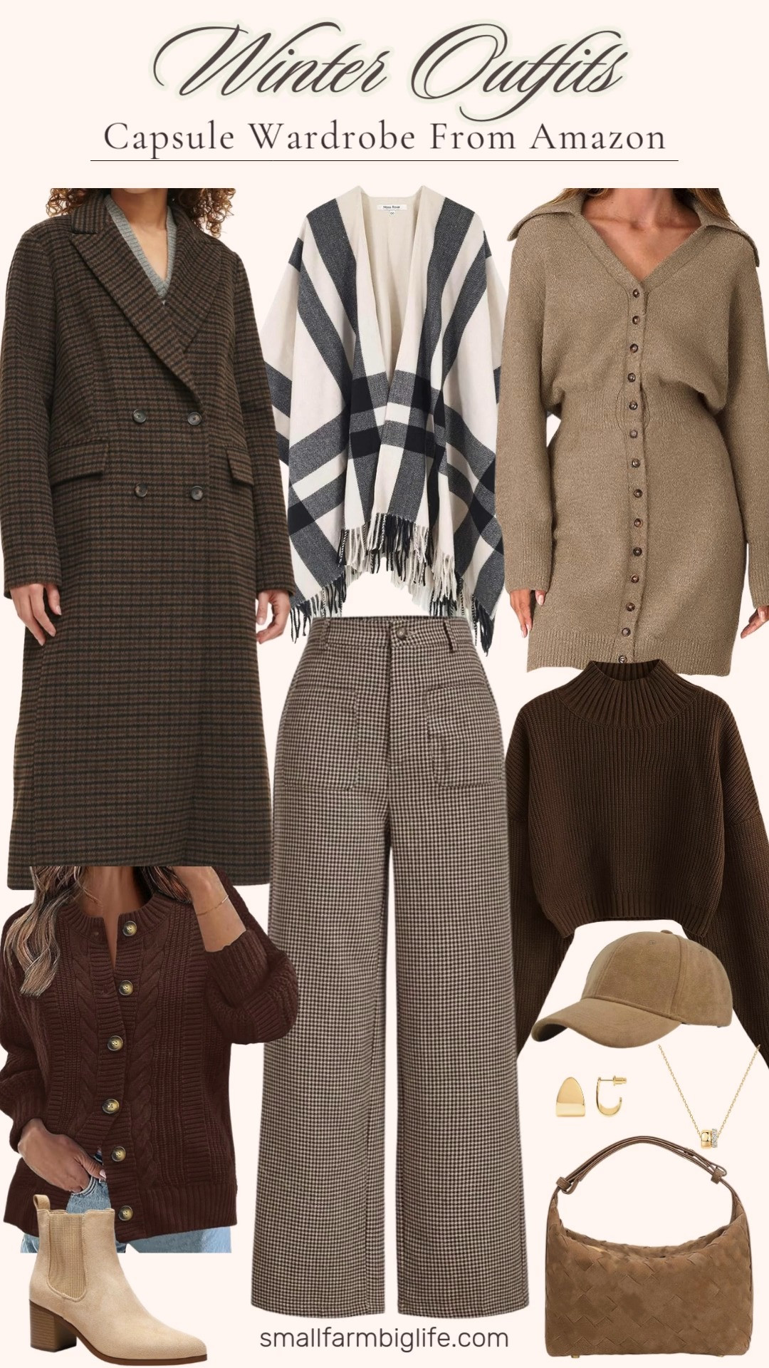 Winter capsule in cozy neutrals 🤎🧣 From a long brown tweed jacket, a black + cream plaid shawl, tan knit sweater dress, brown sweaters, tweed pants, and all the soft tan accessories like ankle boots, a suede baseball hat, and a matching bag. Finished with simple gold jewelry for that polished, everyday vibe. 

 #LTKOver40 #LTKFindsUnder50 #LTKWorkwear