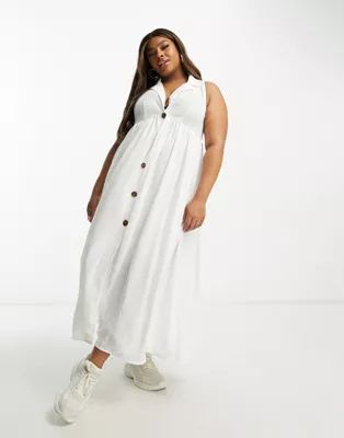 ASOS DESIGN Curve collared button through midi smock dress in white | ASOS (Global)