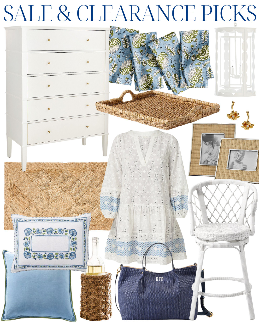 Sunny steals + classic charm! A few of my favorite finds that are majorly marked down right now – blue + white accents, woven textures, timeless furniture, and pretty wardrobe pieces. If you love coastal, preppy, or grandmillennial style, don’t miss these deals!

Shop fast – clearance means they won’t last!

SALE picks include:
| blue and white home décor | classic white dresser | scallop chandelier | eyelet dress | rattan tray | blue monogram tote | preppy coastal home | bar stools on sale | jute rug deals | clearance pillow covers |

#LTKSaleFinds #CoastalDecor #GrandmillennialStyle #WickerAndWhite #PreppyHome #ProperlyShopped 

 #LTKHome #LTKSaleAlert #LTKFindsUnder100