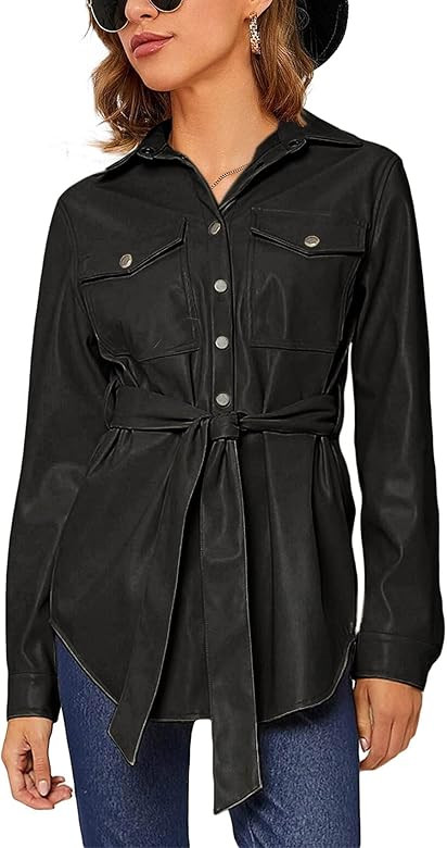 Gafeng Womens Faux PU Leather Jacket Casual Slim Fit Long Sleeve Button Down Hipster Shacket with Be | Amazon (US)