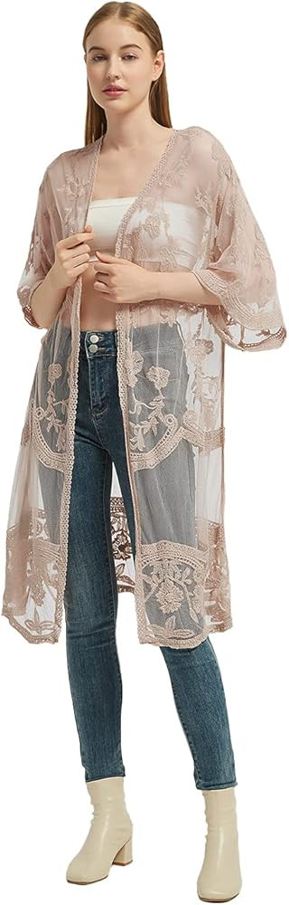 Anna-Kaci Floral Crochet Lace Cardigan for Women Beach Cover Ups Dress Kimono | Amazon (US)