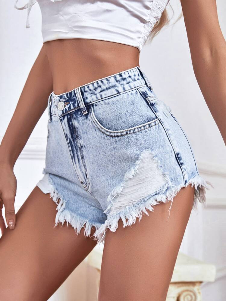 Raw Hem Ripped Denim Shorts | SHEIN