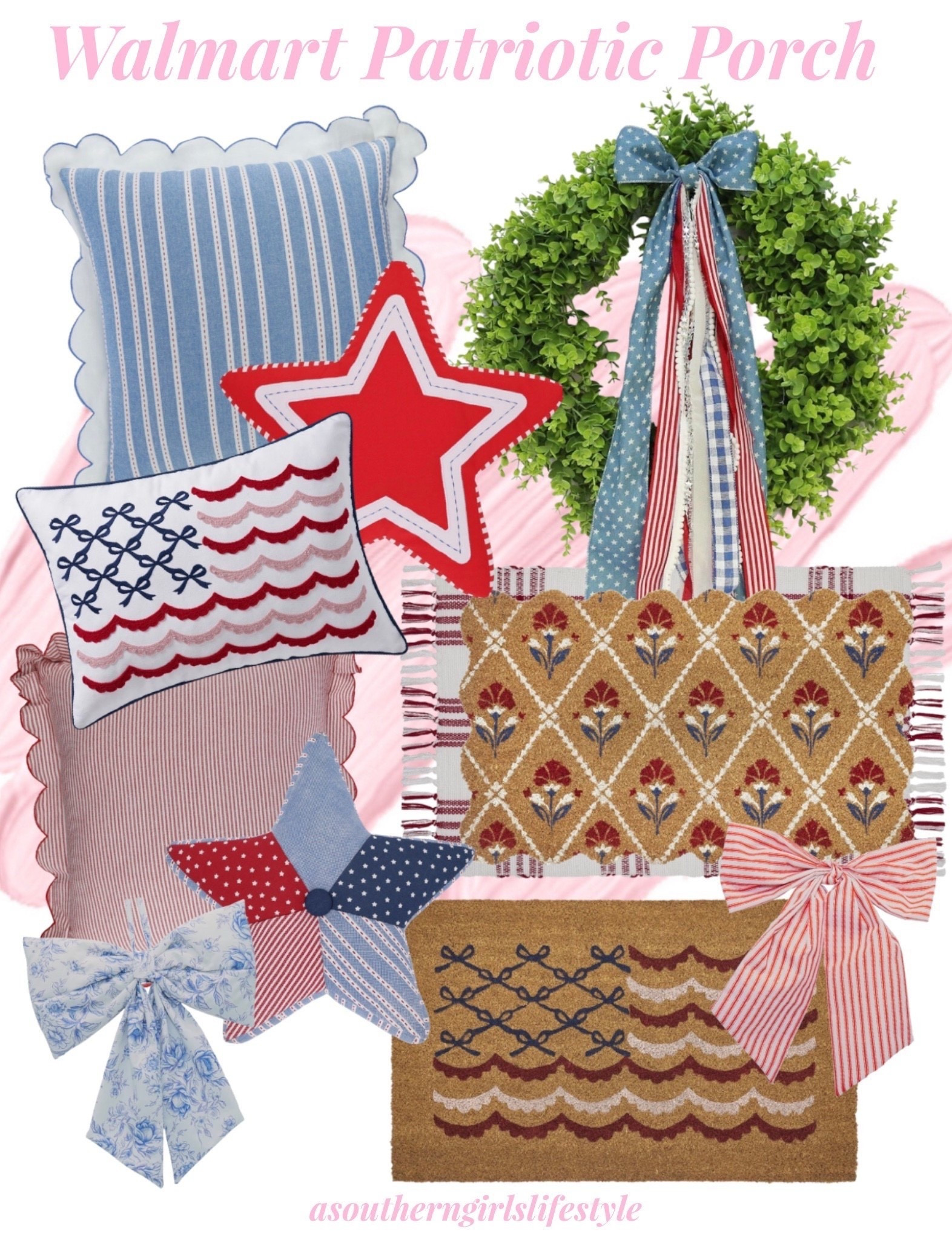 I’ve decided on a subtle Americana summer porch to celebrate America’s 250th birthday! So, these New Walmart patriotic pretties called my name! 😍 Of course would be darling for just Memorial Day & Fourth of July. 

Scalloped Red/White/Blue Throw Pillow, Star Shaped Pillow, Bows & Scallop Striped Pillow, Red Striped Scalloped Pillow, Star Patch Pillow, Blue Floral Bow, Boxwood Wreath with Bow, Red Layering Rug, Poooy Scalloped Coir Doormat, Red Striped Bow & Bows & Scallop Striped Doormat

July 4th Decor. Home Decor. Home Decorations. Summer Home 

#LTKHome #LTKSeasonal