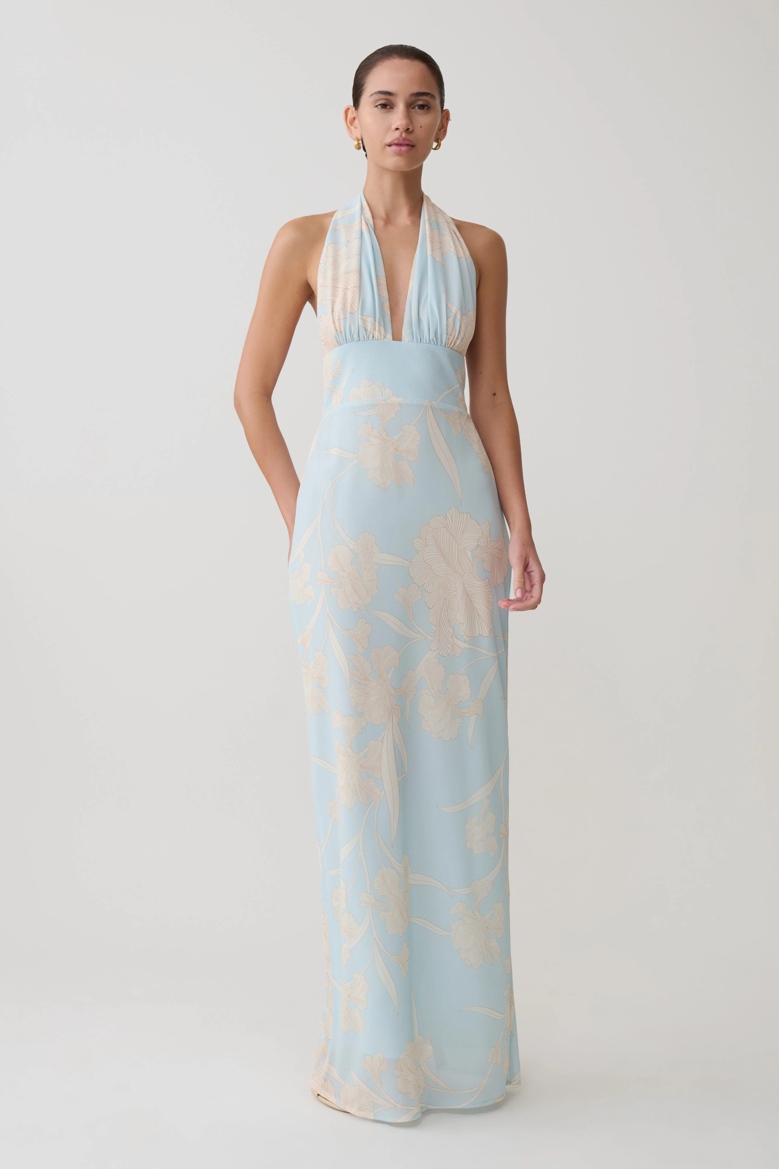 Nadine Halter Scarf Chiffon Maxi Dress - Blue Floral Print | MESHKI US