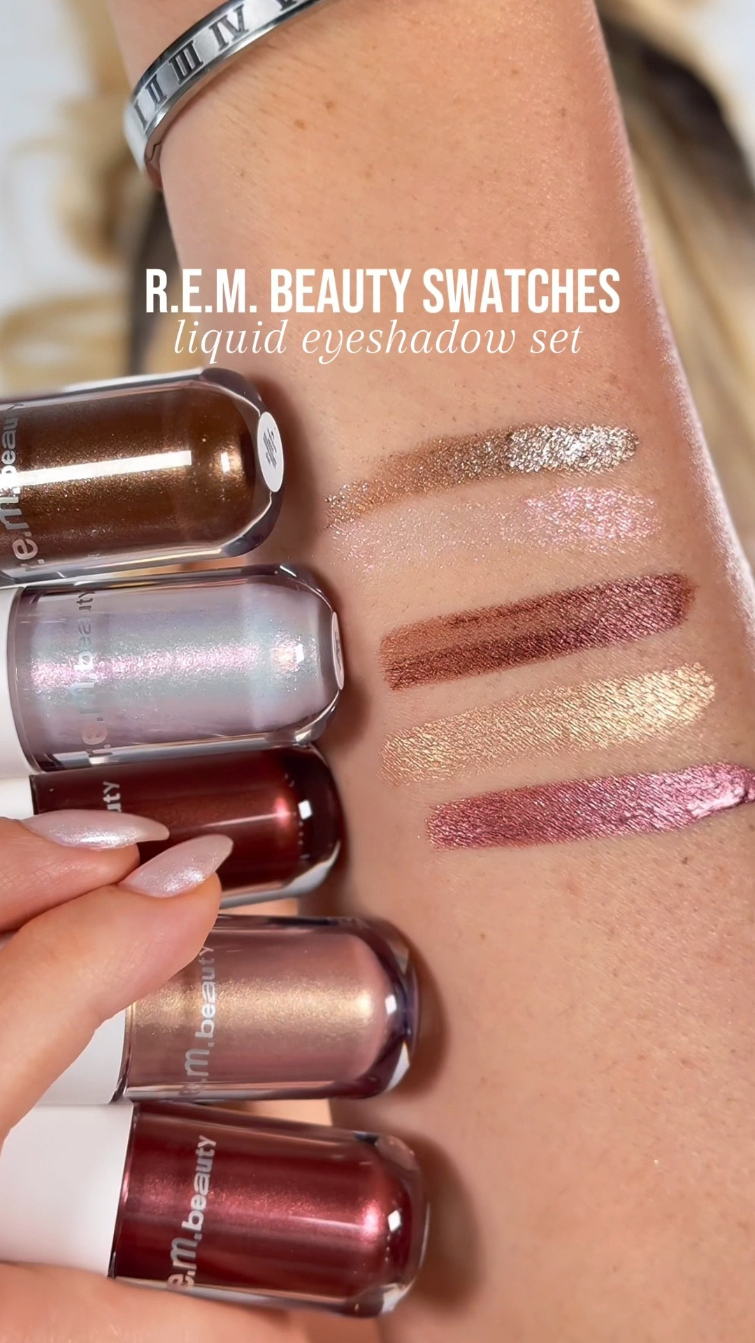 r.e.m. beauty lustrous liquid eyeshadow swatches 🤍 Such gorgeous shimmer/metallic shades ✨ Click below to shop! 

#LTKBeauty #LTKSaleAlert #LTKVideo