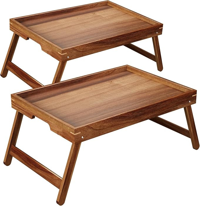 Fibogollo 2 Pack Acacia Wood Bed Tray Table with Folding Legs,Breakfast Trays,Serving Tray for Fo... | Amazon (US)