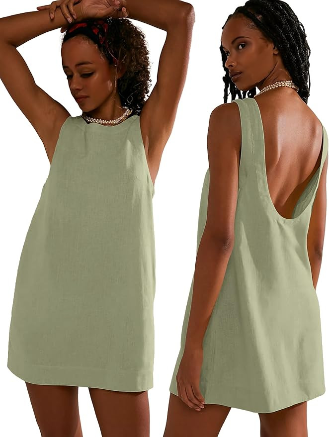 VIUTIL Womens Summer Linen Mini Dress Boat Neck Low Back Sleeveless Tank Dresses with Pockets 202... | Amazon (US)