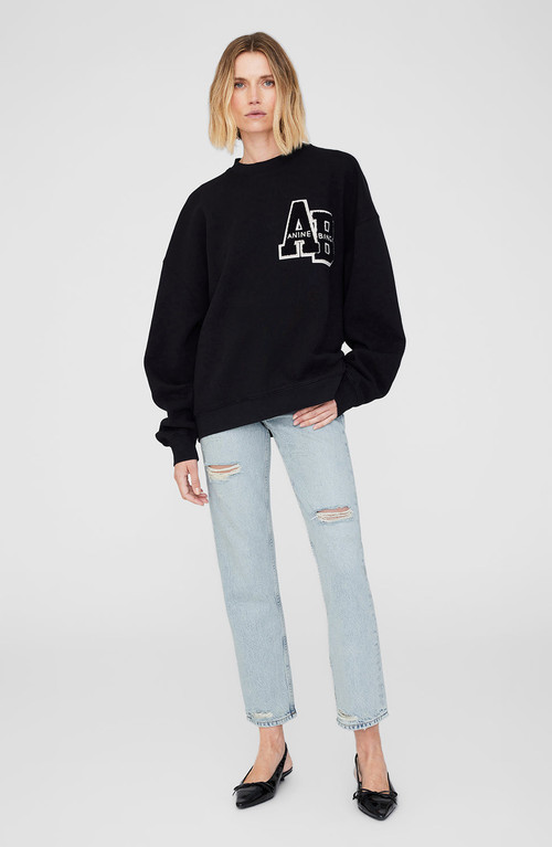 ANINE BING Miles Oversized Sweatshirt Letterman in Black at Nordstrom, Size Large | Nordstrom
