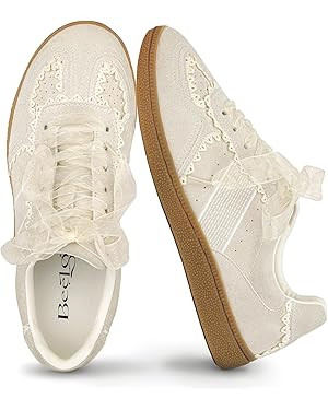 Casual Sneakers for Women Lace Detail – Elegant Ribbon Lace-Up Fashion Sneakers with Leather Up... | Amazon (US)