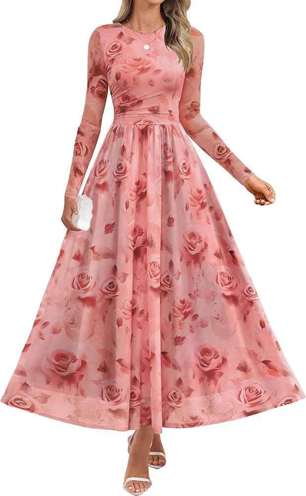 ZESICA Women's Maxi Dress 2026 Spring Long Sleeve Crewneck Floral Print Mesh Ruched Party Wedding... | Amazon (US)