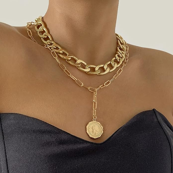 Gold Boho Cuban Chunky Necklace Layered Dainty Paperclip with Coin Pendant Choker Chain for Women... | Amazon (US)