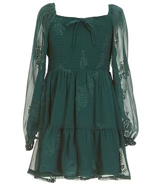 Poppies and Roses Big Girls Long-Sleeve Tonal Floral Fit-And-Flare Dress | Dillard's | Dillard's