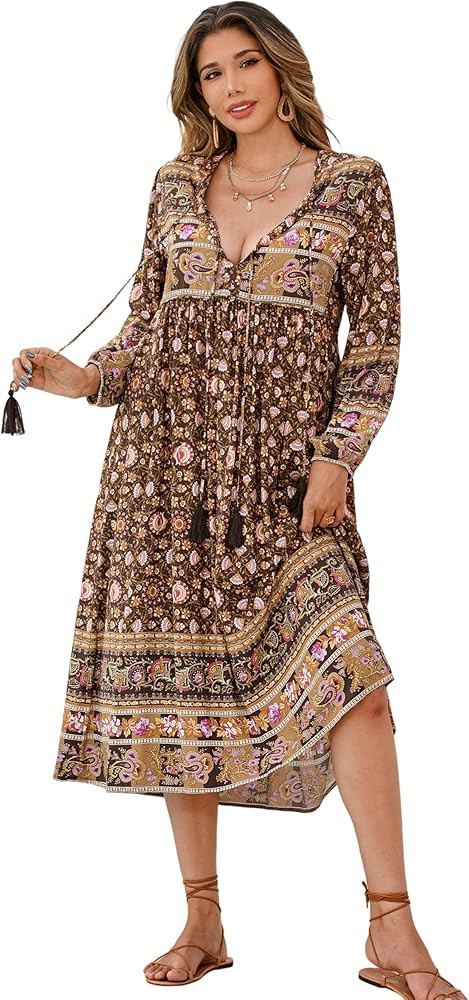 R.Vivimos Women's Long Sleeve Floral Print Retro V Neck Tassel Bohemian Midi Dresses | Amazon (US)