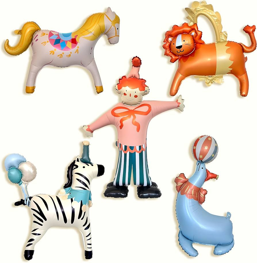 Circus Theme Party Balloons Set, 5PCS Large Standing animal Balloons \u2013 Clown, Lion, Sea Lion... | Amazon (US)
