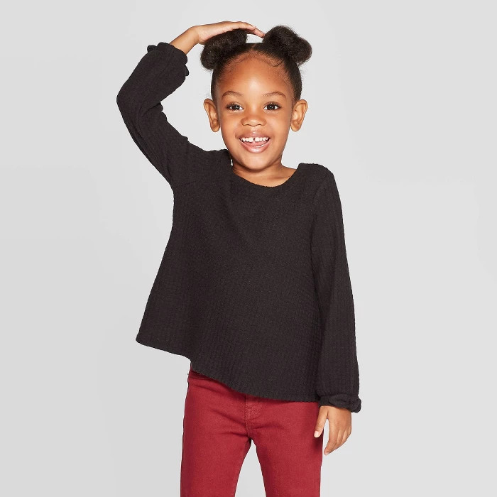 Toddler Girls' Cozy Waffle Knit Henley T-Shirt - Cat & Jack™ Black | Target
