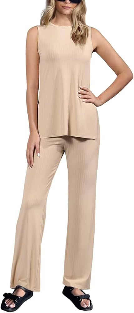 BWQ Women Summer 2 Piece Outfits Crew Neck Sleeveless Top Elastic Waist Wide Leg Pants Lounge Set | Amazon (US)